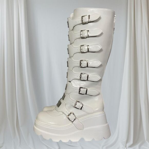 Women's Chunky Silver White Platform Knee High Buckle Boots Size US 10.5 - Picture 1 of 10